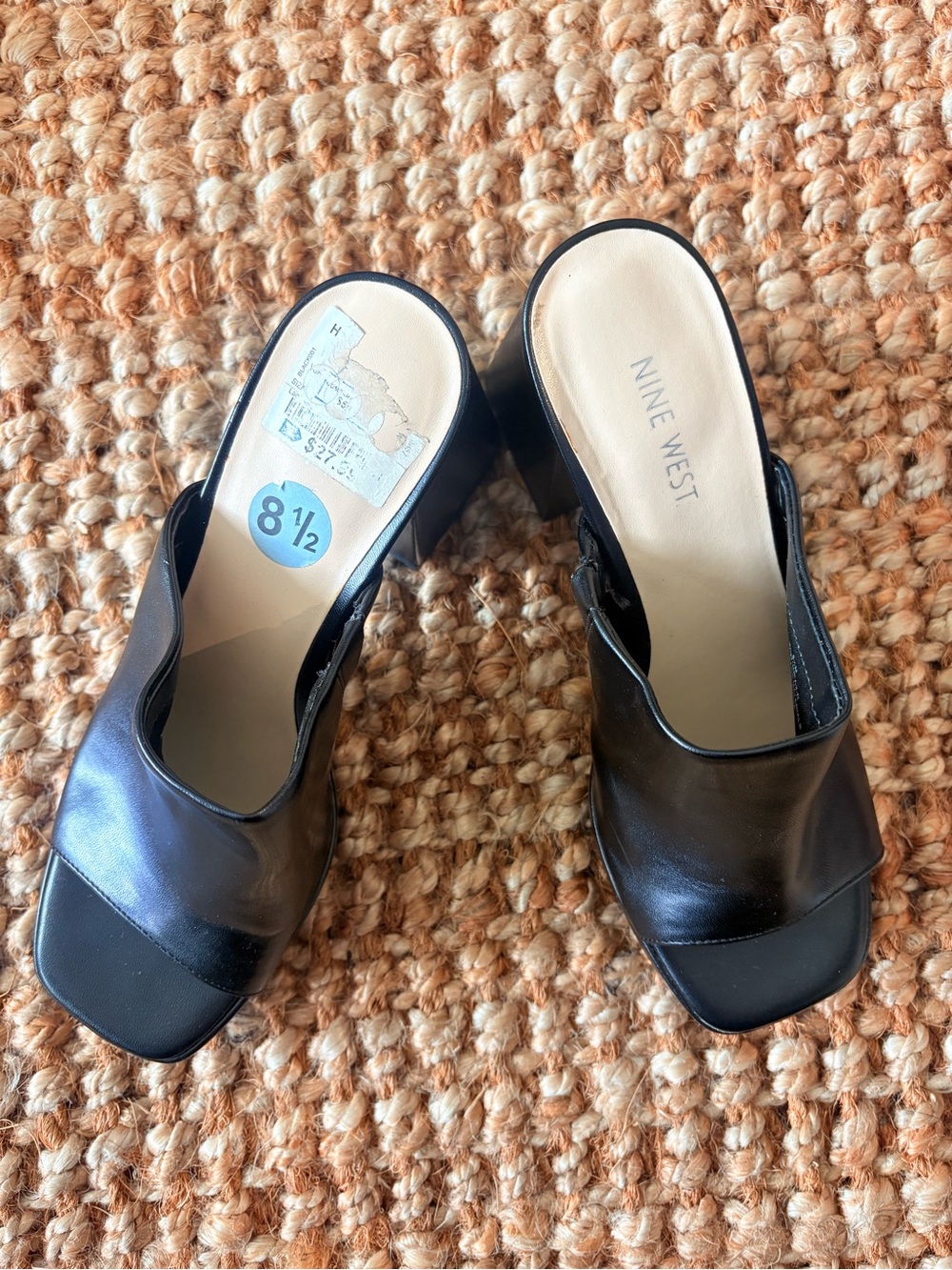 Nine West Black Leather Open-Toe Block Heel Mules